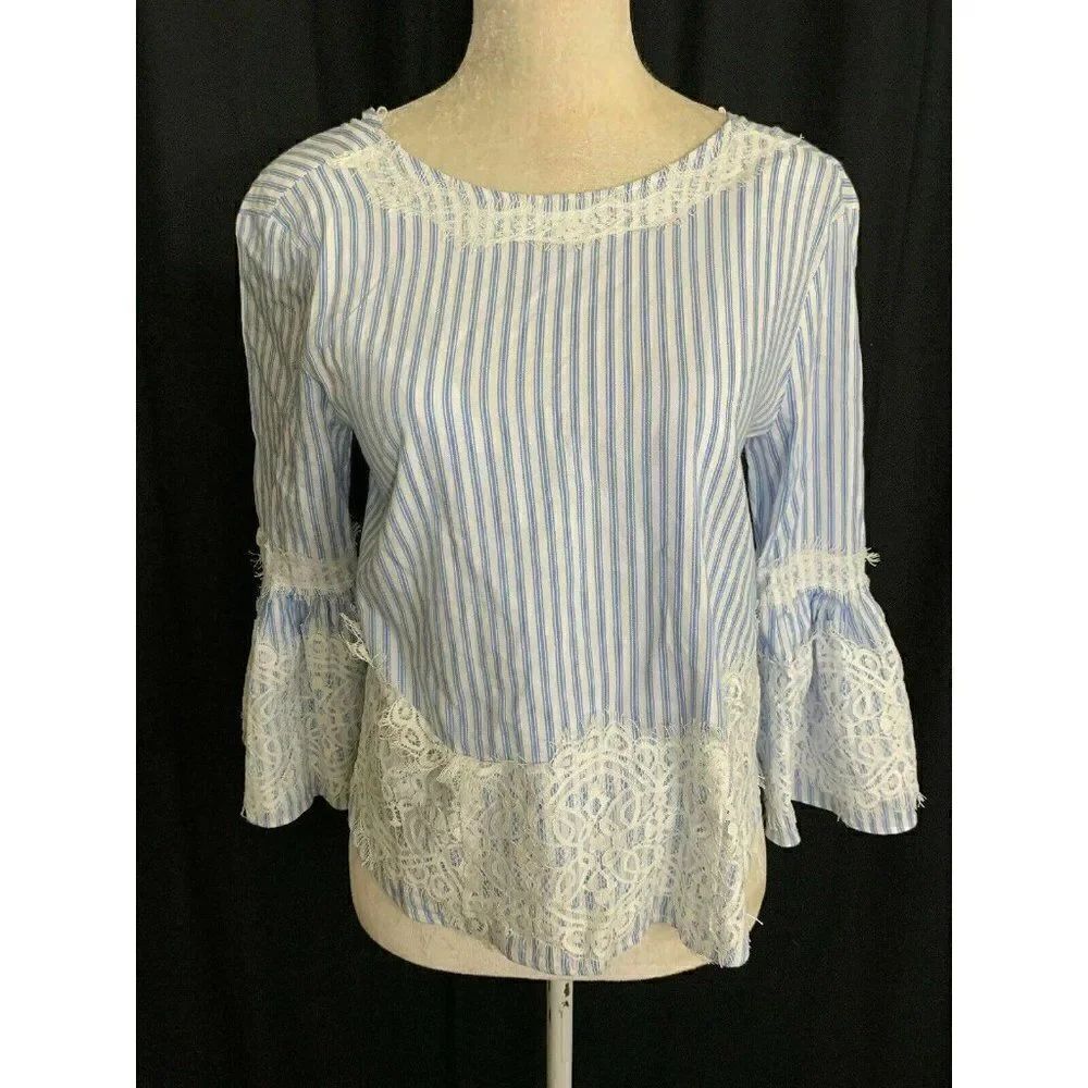 Zara Womens Blue White Striped Lace Long Sleeve Top Blouse Xs